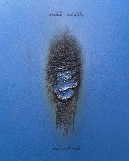 blue plastic burnt in the middle with superimposed text reading 'inside, outside ... rah, rah, rah'