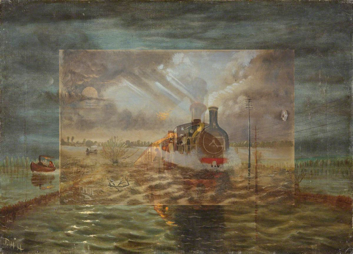 painterly image of a steam train reflected in a sea of water