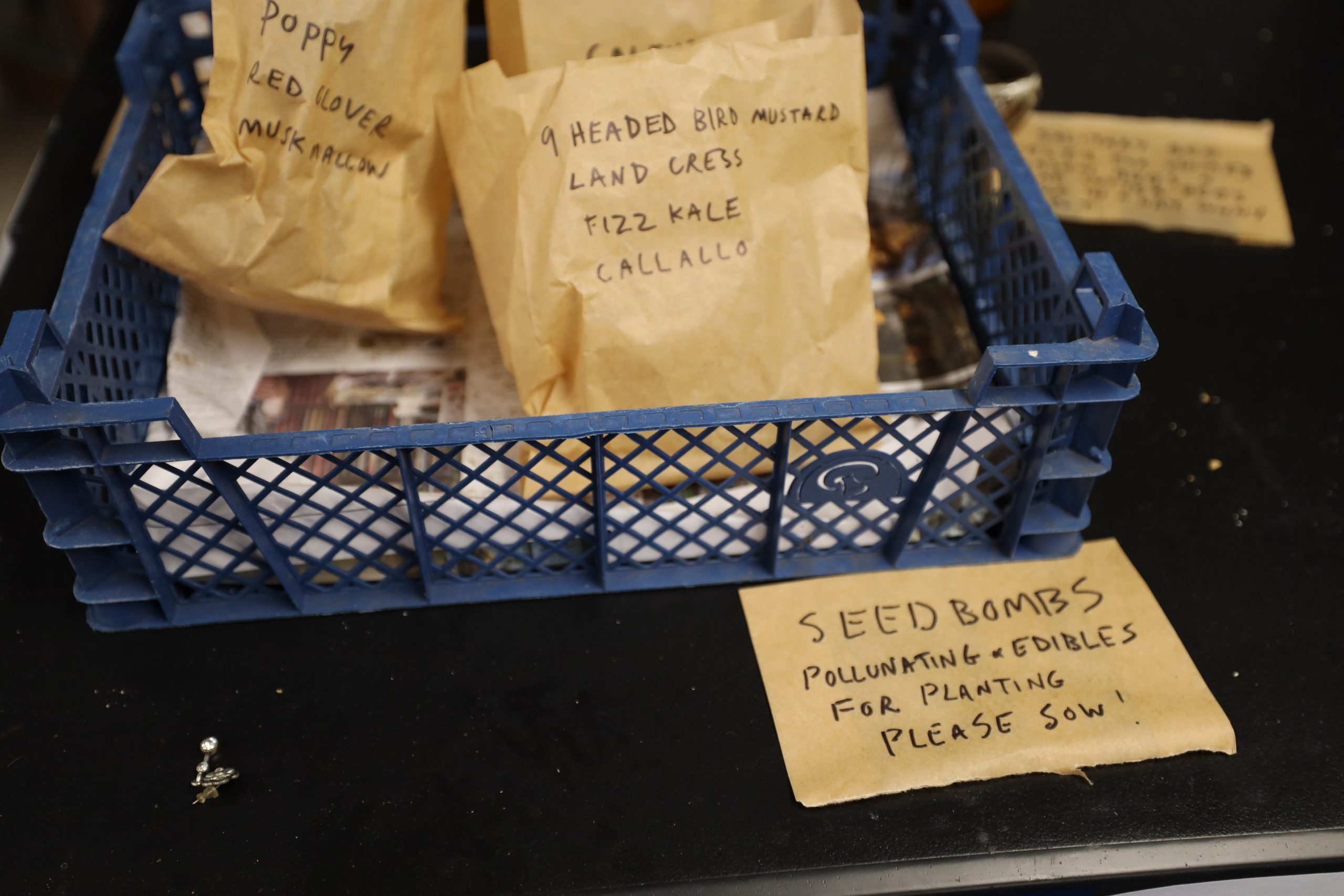 Documentation of seed bombs for pollinators showing brown paper bags