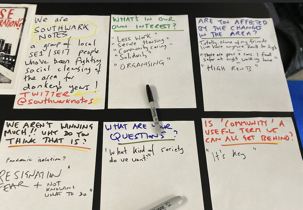 Documentation of Southwark notes questions about community with pens for people to add responses