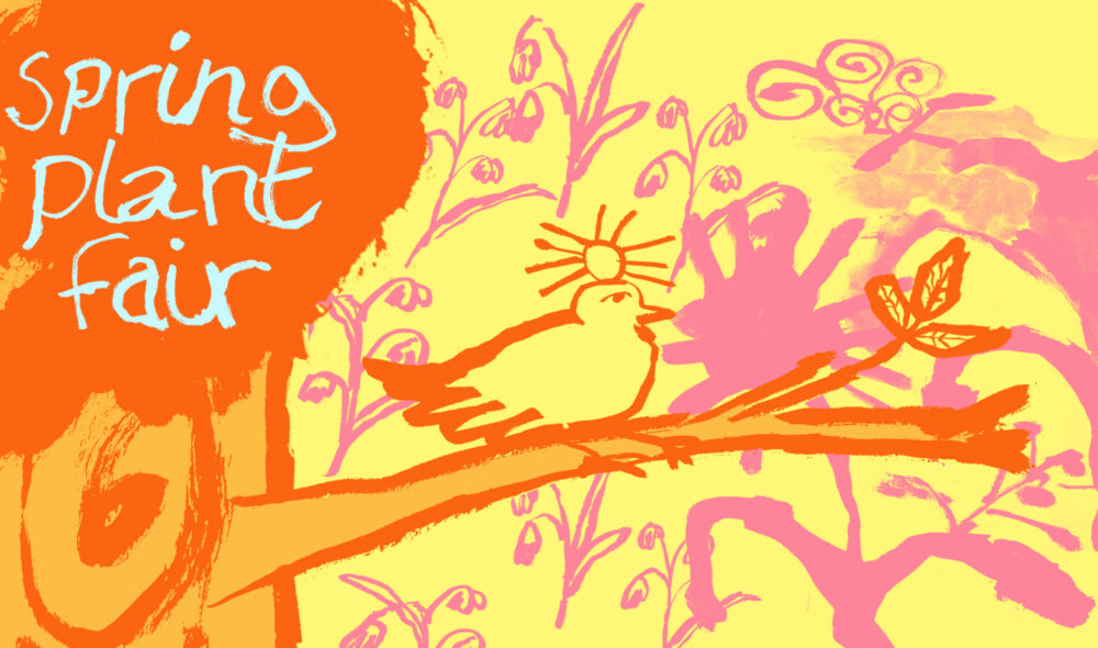 Spring Fair flyer with illustration of birds and trees in yellow, red and pink